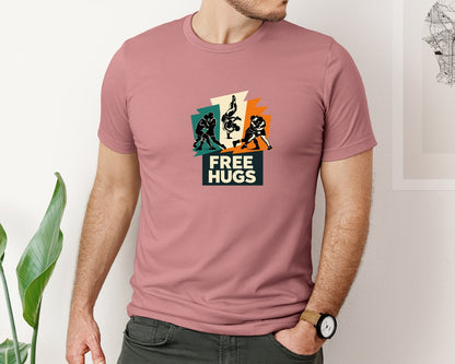 brand:Bella Canvas|color:Heather Mauve|Free Hugs Wrestling Retro Illustration Graphic T-Shirt