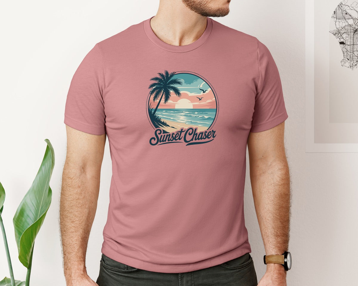 brand:Bella Canvas|color:Heather Mauve|Sunset Chaser Island Beach Summer Graphic T-Shirt