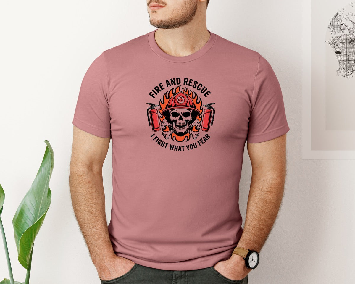 brand:Bella Canvas|color:Heather Mauve|Firefighter Skull Fire And Rescue Graphic T-Shirt