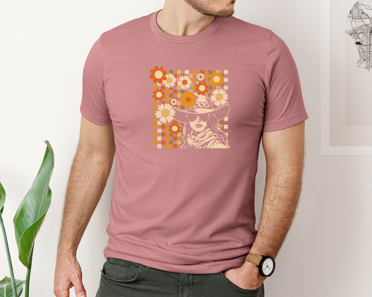 brand:Bella Canvas|color:Heather Mauve|Retro Checkered Groovy Cowgirl Graphic T-Shirt