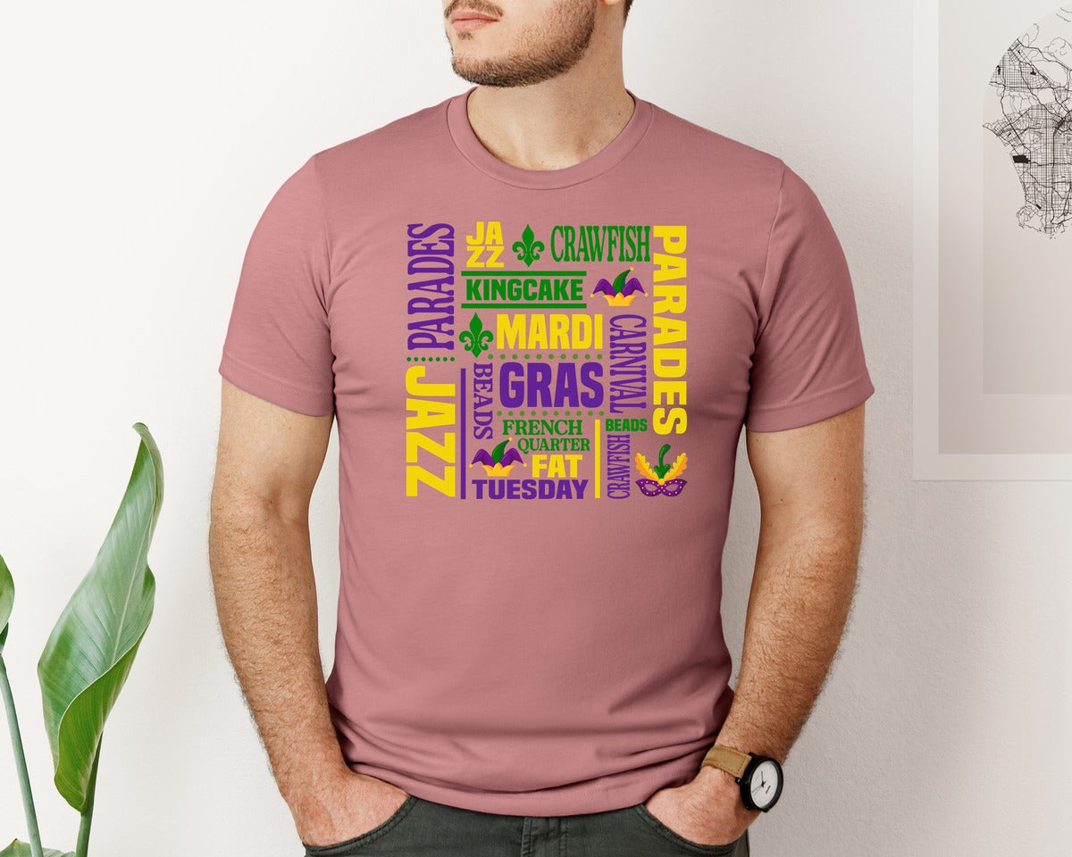 brand:Bella Canvas|color:Heather Mauve|Mardi Gras Fleur De Lis Mardi Graphic T-Shirt