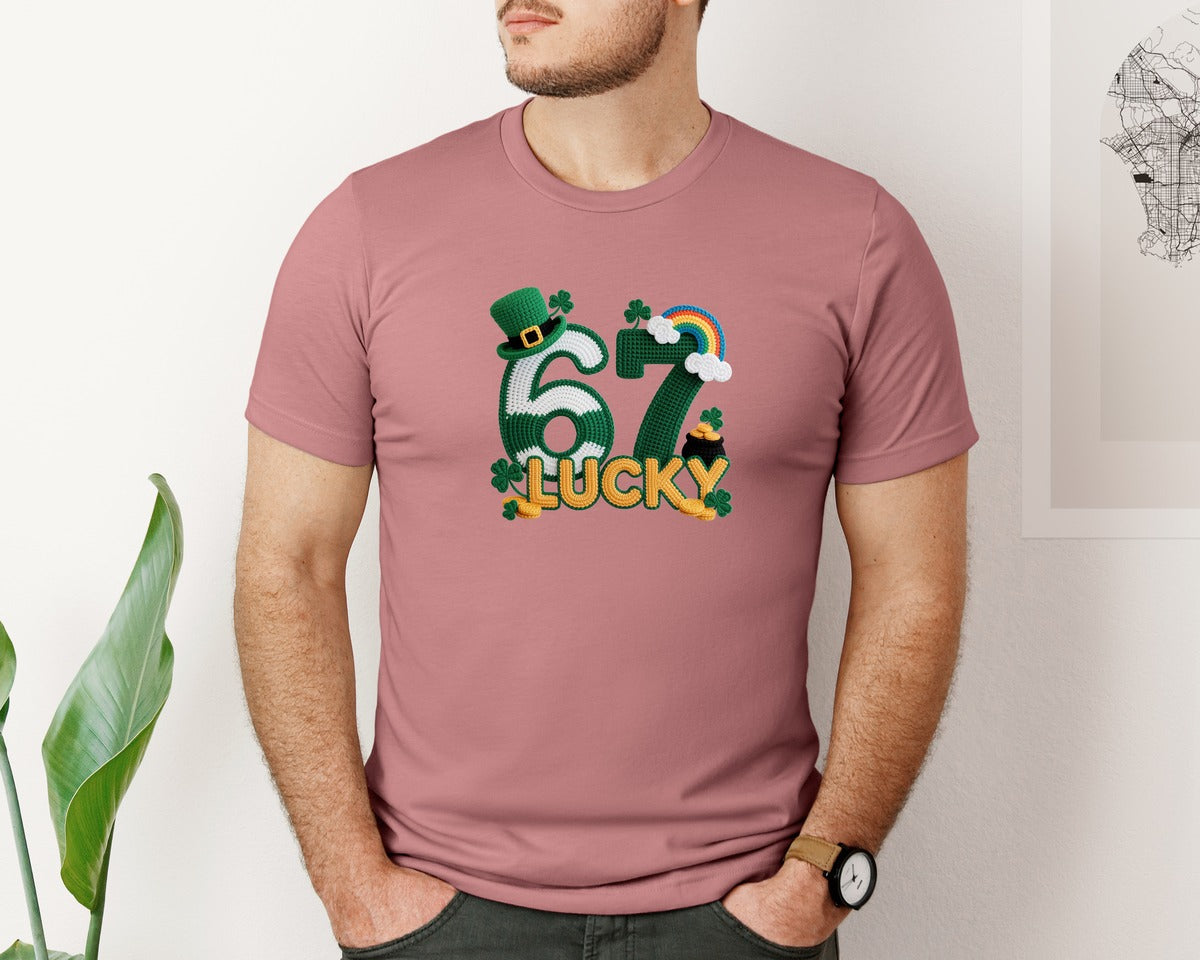 brand:Bella Canvas|color:Heather Mauve|67 Lucky St Patrick S Day Faux Yarn Graphic T-Shirt