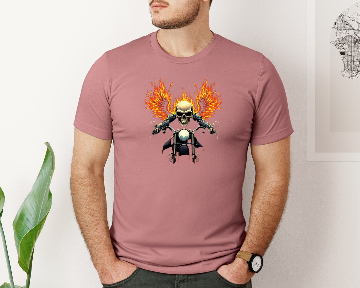 brand:Bella Canvas|color:Heather Mauve|Biker Skull With Flaming Wings Moto Graphic T-Shirt