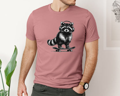 brand:Bella Canvas|color:Heather Mauve|Raccoon Playing Skateboard Shirt Graphic T-Shirt