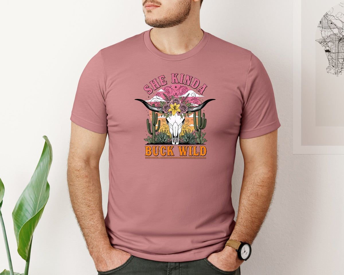 brand:Bella Canvas|color:Heather Mauve|She Kinda Buck Wild Cow Skull Graphic T-Shirt