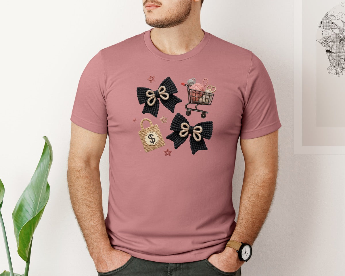 brand:Bella Canvas|color:Heather Mauve|Faux Yarn Black Friday Bow Cart Graphic T-Shirt