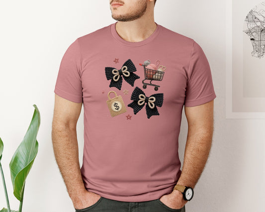Faux Yarn Black Friday Bow Cart Graphic T-Shirt