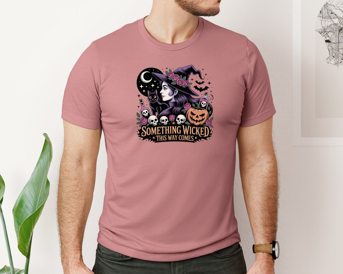 brand:Bella Canvas|color:Heather Mauve|Witch With Black Cat Pumpkin Skulls Graphic T-Shirt