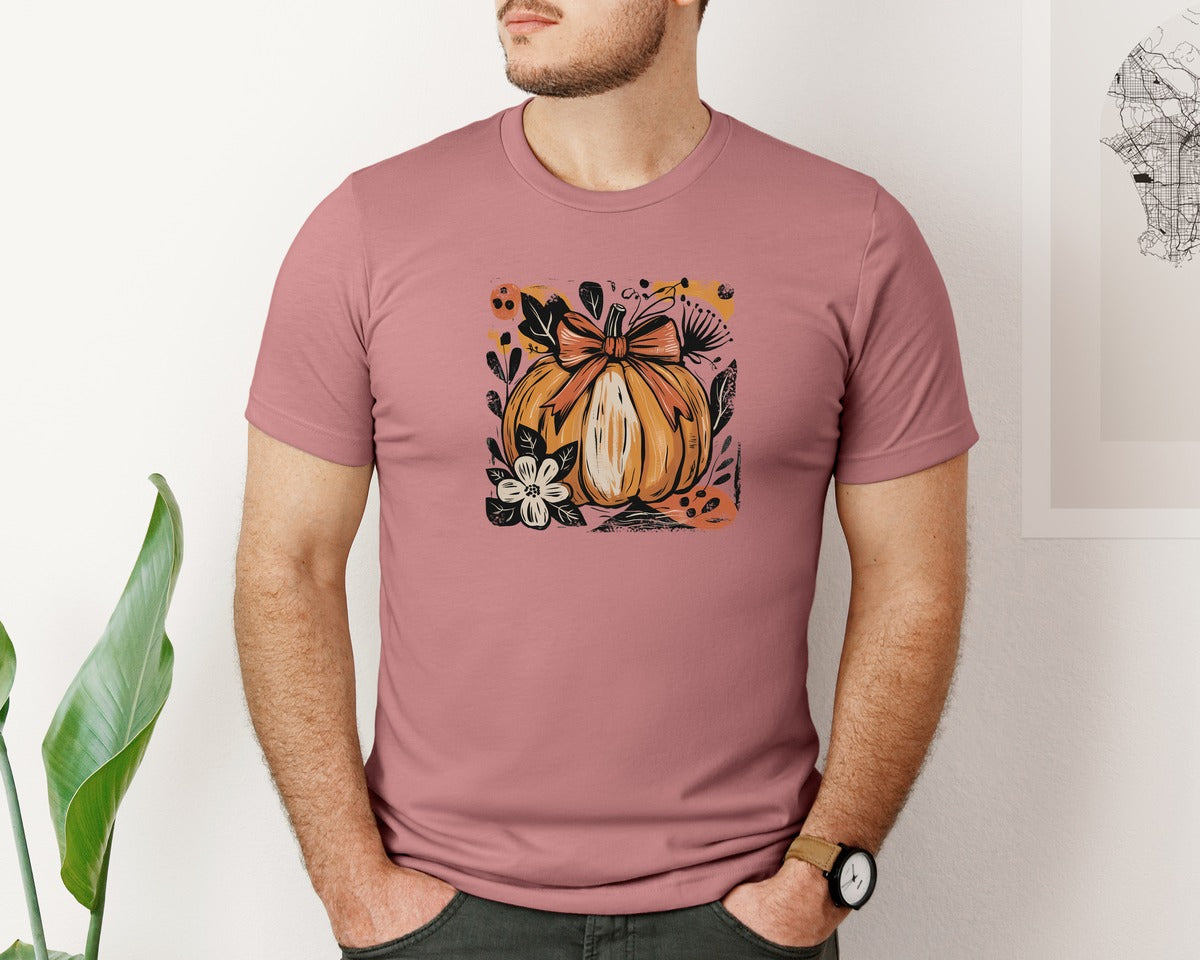 brand:Bella Canvas|color:Heather Mauve|Pumpkin Boho Floral Thanksgiving Graphic T-Shirt