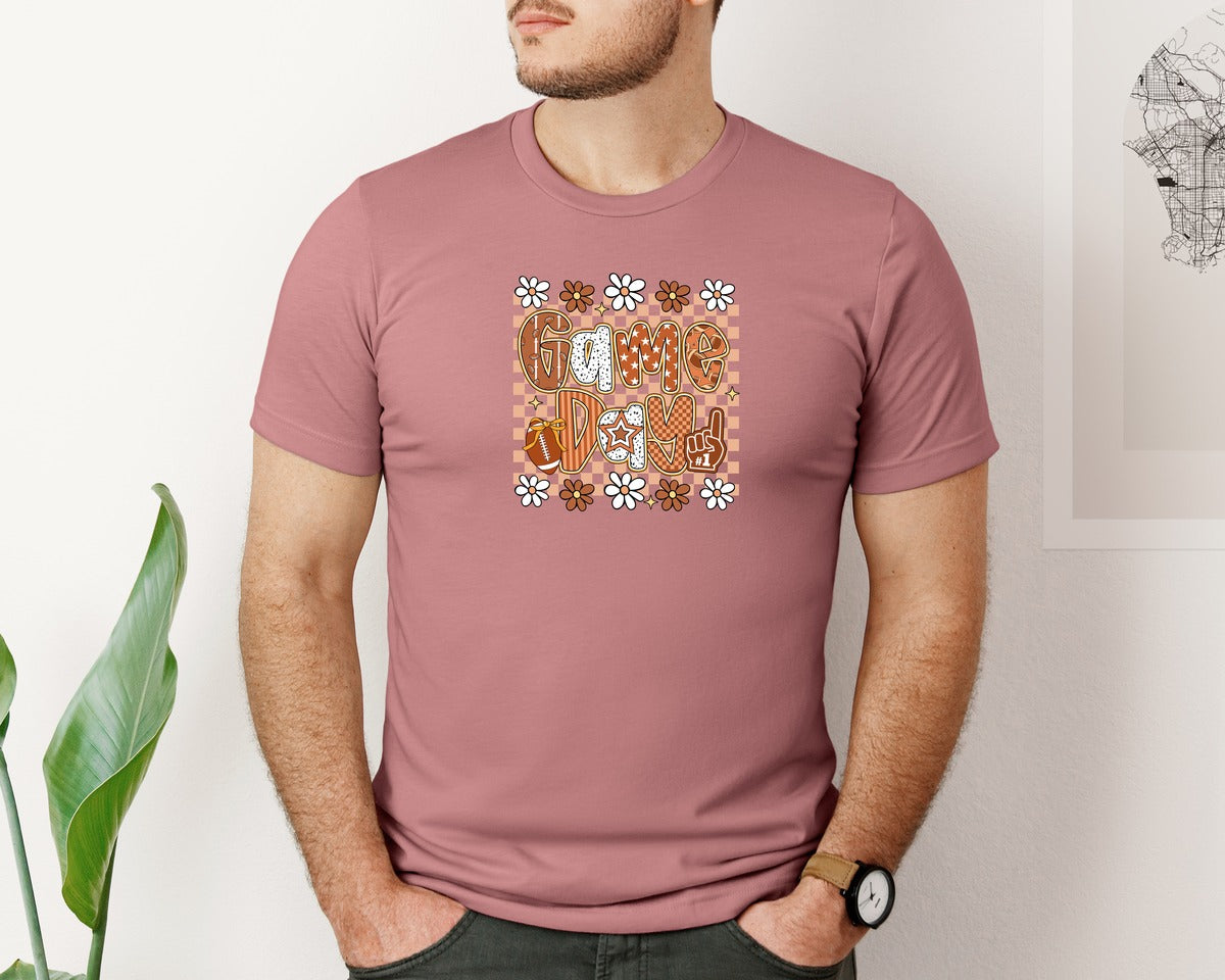 brand:Bella Canvas|color:Heather Mauve|Game Day Football Checker Football Graphic T-Shirt