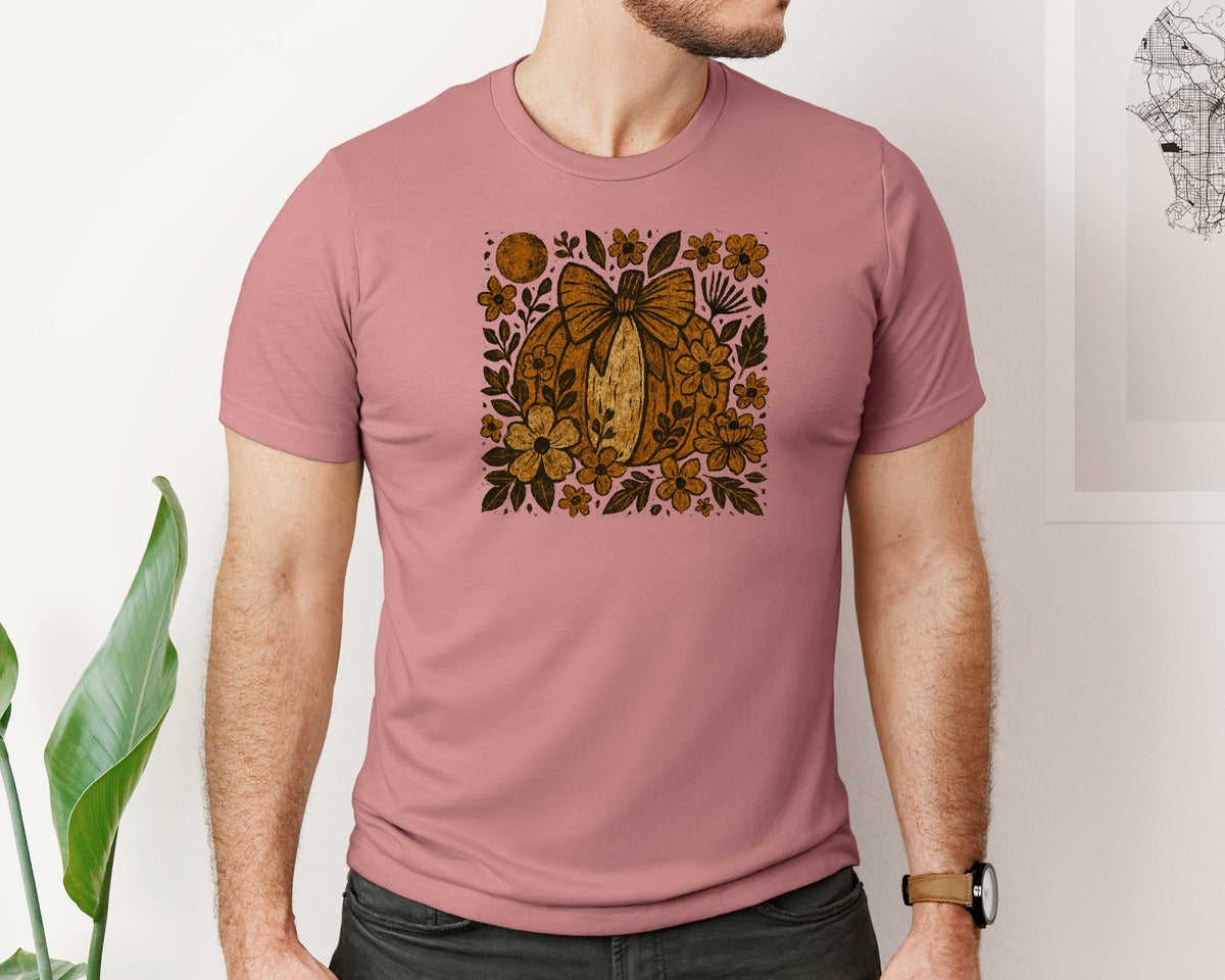 brand:Bella Canvas|color:Heather Mauve|Pumpkin Boho Floral Fall Fall Graphic T-Shirt