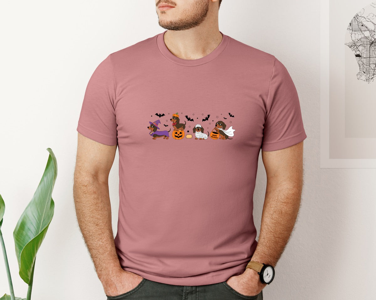brand:Bella Canvas|color:Heather Mauve|Halloween Dachshund Set Graphic T-Shirt