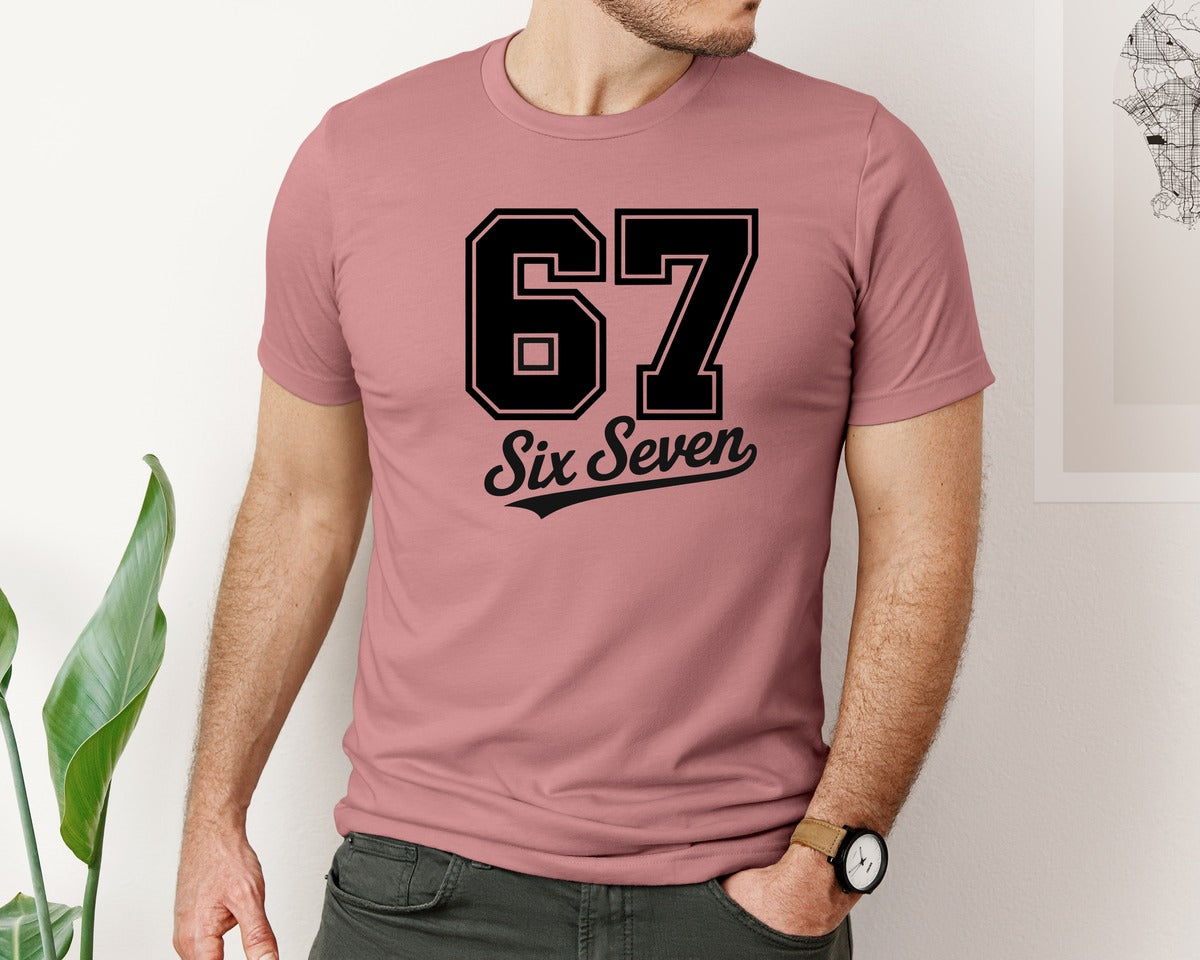 brand:Bella Canvas|color:Heather Mauve|Six Seven Varsity Funny 6 7 Meme Graphic T-Shirt
