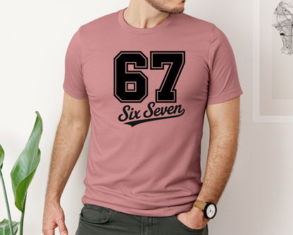 brand:Bella Canvas|color:Heather Mauve|Six Seven Varsity Funny 6 7 Meme Graphic T-Shirt