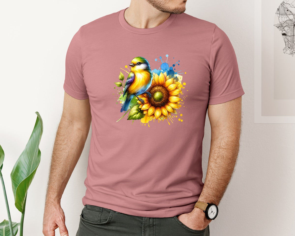 brand:Bella Canvas|color:Heather Mauve|Bird Sunflower Flower Graphic T-Shirt