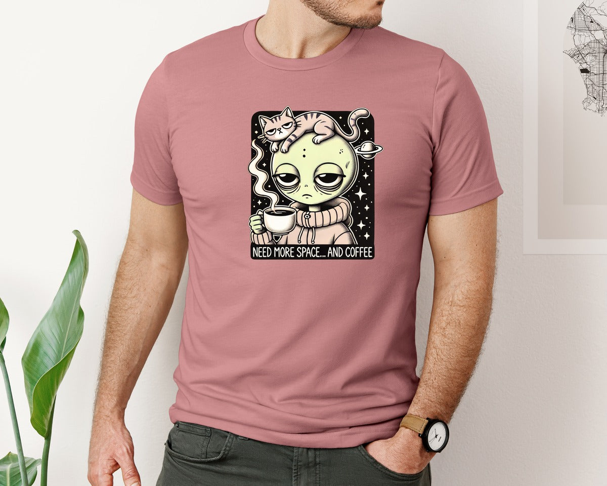 brand:Bella Canvas|color:Heather Mauve|Sleepy Alien With A Cup Of Coffee Graphic T-Shirt