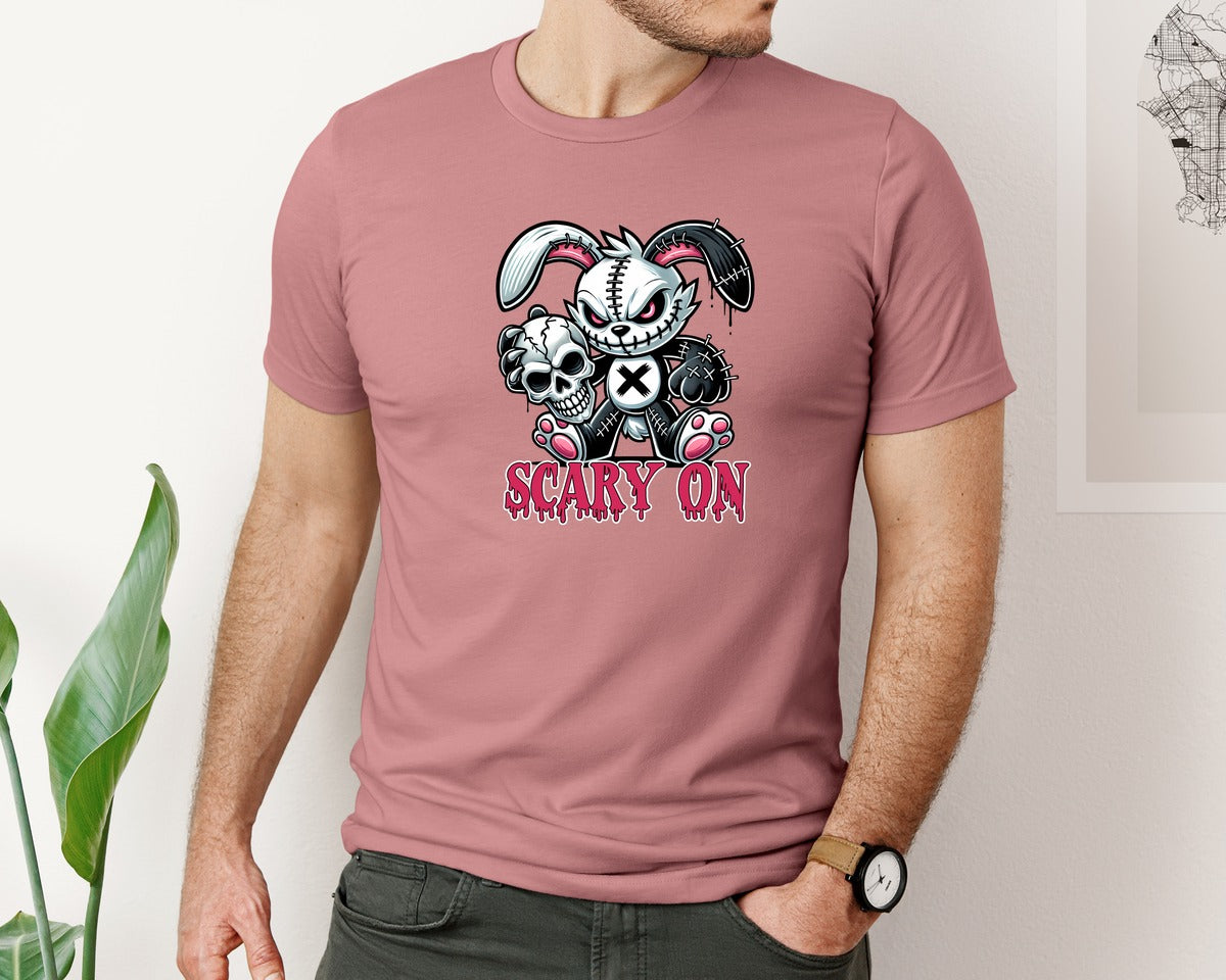 brand:Bella Canvas|color:Heather Mauve|Scary On Creepy Halloween Bunny Graphic T-Shirt