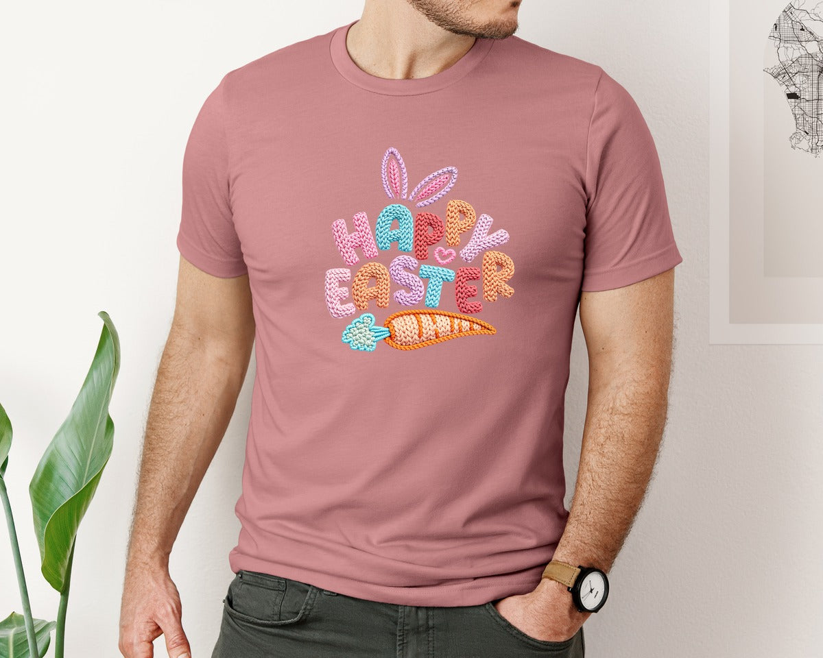 brand:Bella Canvas|color:Heather Mauve|Happy Easter Bunny Faux Graphic T-Shirt