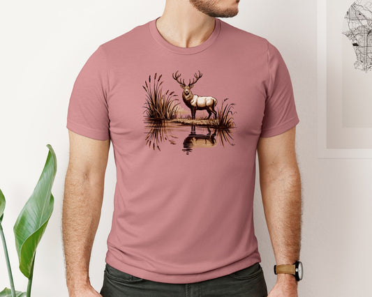 Retro Deer Wilderness Scene Graphic T-Shirt