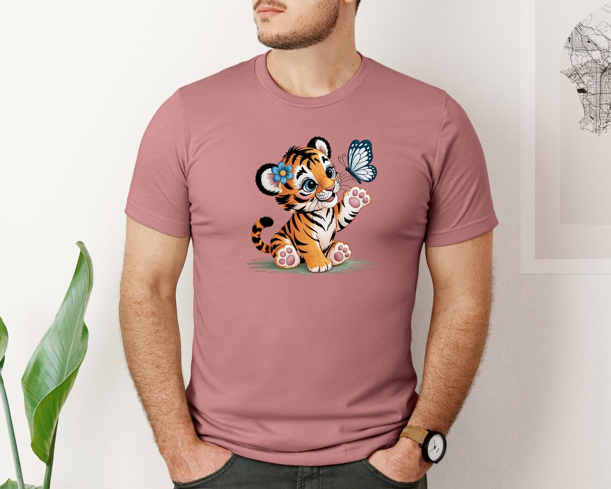 brand:Bella Canvas|color:Heather Mauve|Cute Tiger Cub With Butterfly Graphic T-Shirt