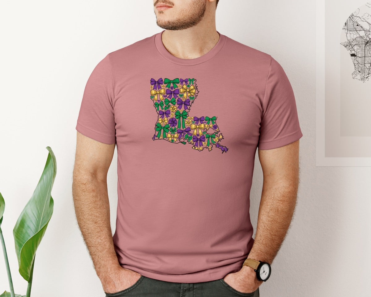 brand:Bella Canvas|color:Heather Mauve|Louisiana Mardi Gras Coquette Bow Map Graphic T-Shirt