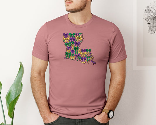 Louisiana Mardi Gras Coquette Bow Map Graphic T-Shirt