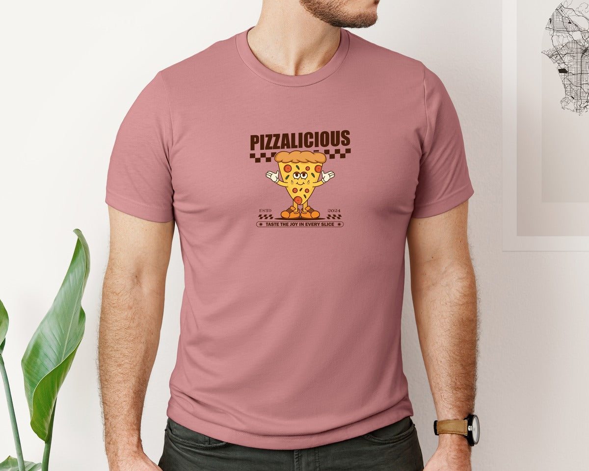 brand:Bella Canvas|color:Heather Mauve|Vintage Slice Pizza Cartoon Character Graphic T-Shirt