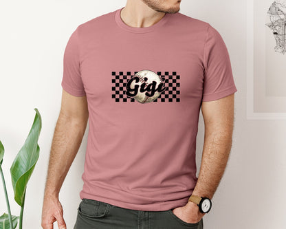 brand:Bella Canvas|color:Heather Mauve|Baseball Gigi Checkered Distressed Graphic T-Shirt