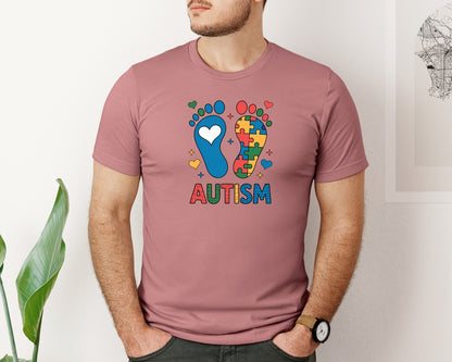 brand:Bella Canvas|color:Heather Mauve|Autism Footprints Puzzle Foot Graphic T-Shirt