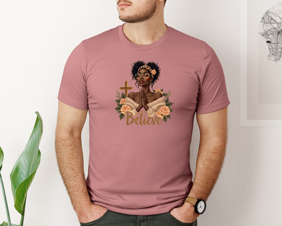 brand:Bella Canvas|color:Heather Mauve|Christian Black Woman Messy Bun Graphic T-Shirt