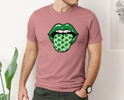 brand:Bella Canvas|color:Heather Mauve|Lucky Shamrock Tongue Lips Graphic T-Shirt