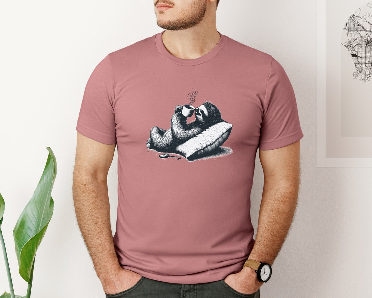 brand:Bella Canvas|color:Heather Mauve|Sloth Lying And Drink Coffee Shirt Graphic T-Shirt