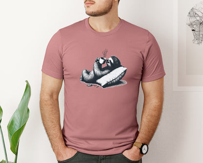 brand:Bella Canvas|color:Heather Mauve|Sloth Lying And Drink Coffee Shirt Graphic T-Shirt