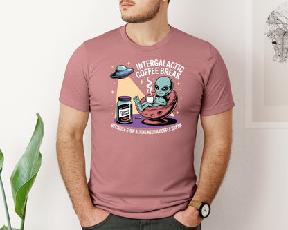 brand:Bella Canvas|color:Heather Mauve|Coffee Break Funny Alien Coffee Graphic T-Shirt