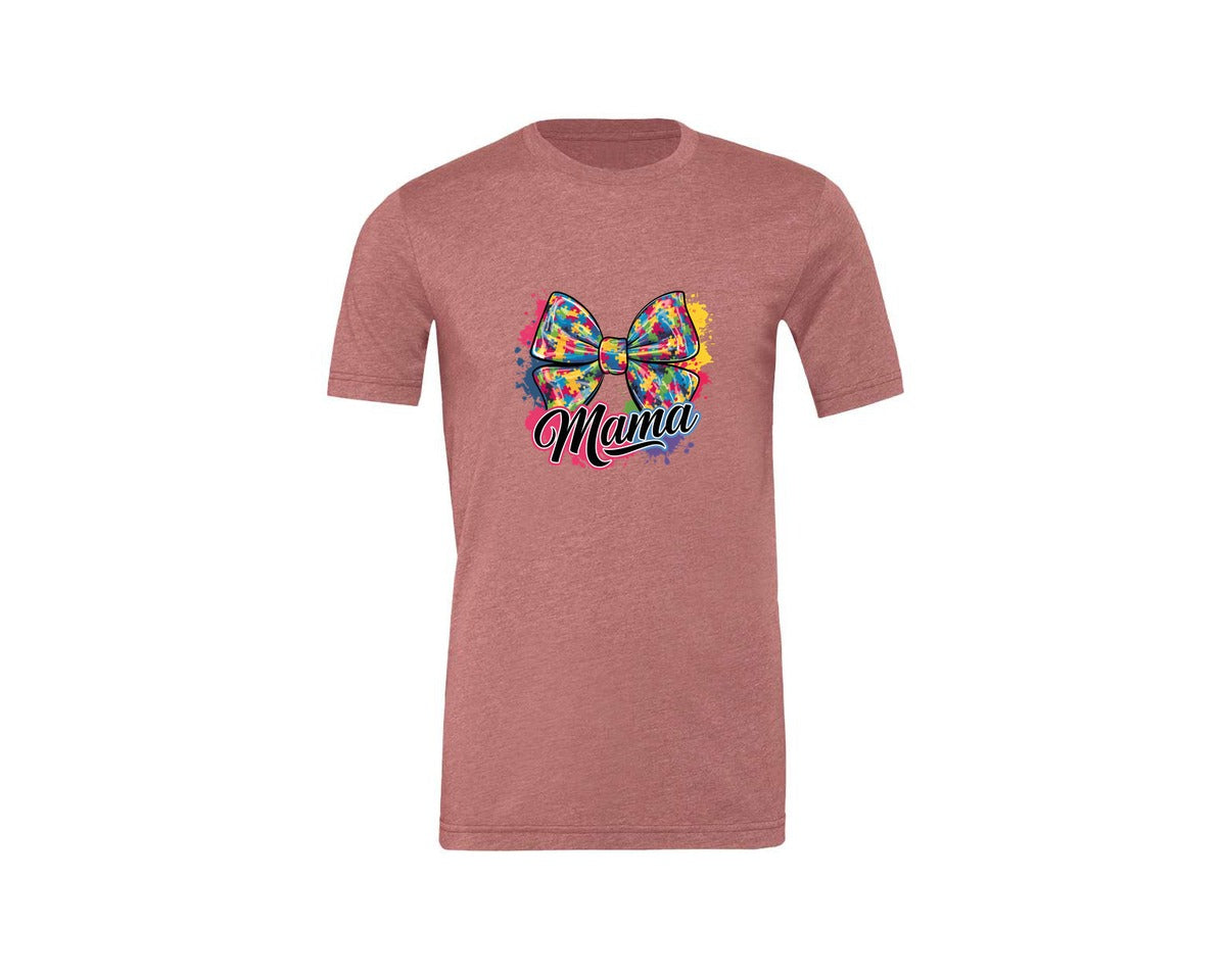 brand:Generic|color:Heather Mauve|Autism Mama Colorful Puzzle Bow Art Graphic T-Shirt