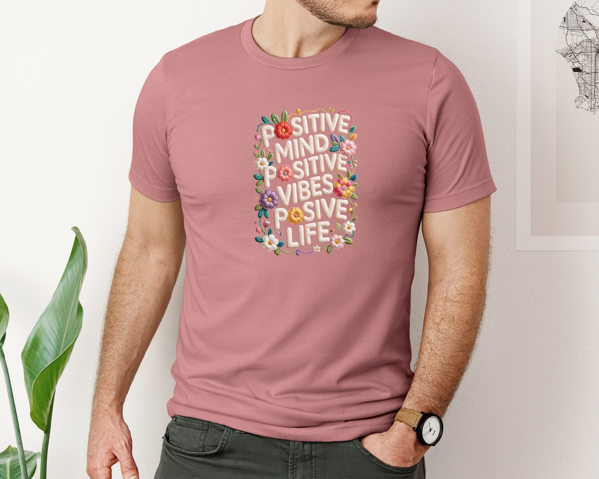 brand:Bella Canvas|color:Heather Mauve|Faux Yarn Positive Mind Positive Vibes Graphic T-Shirt