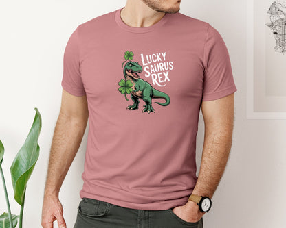 brand:Bella Canvas|color:Heather Mauve|St Patricks Day Lucky Saurus Rex Graphic T-Shirt