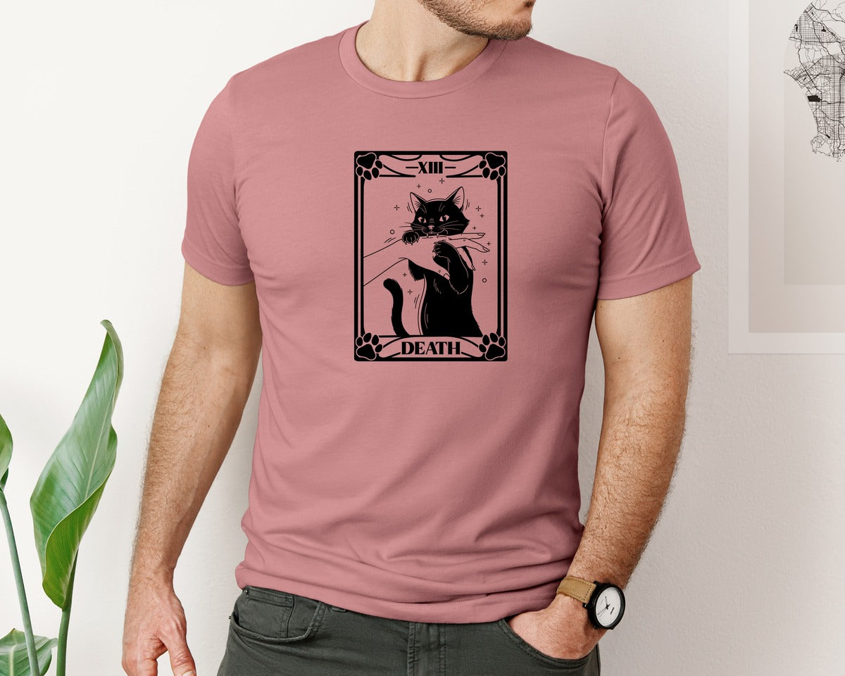brand:Bella Canvas|color:Heather Mauve|Tarot Card Death Design Funny Cat Graphic T-Shirt