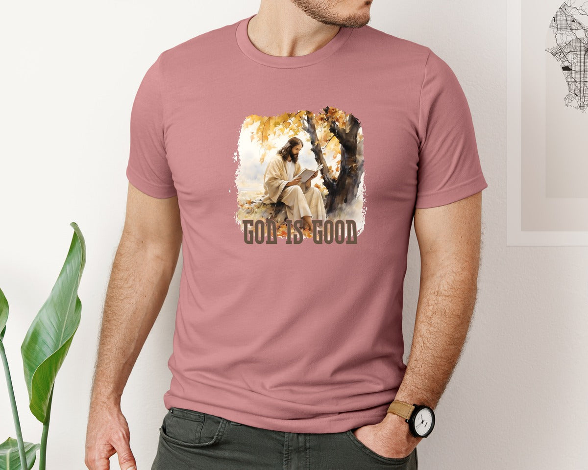 brand:Bella Canvas|color:Heather Mauve|Retro Fall Autumn Leaf Jesus Graphic T-Shirt