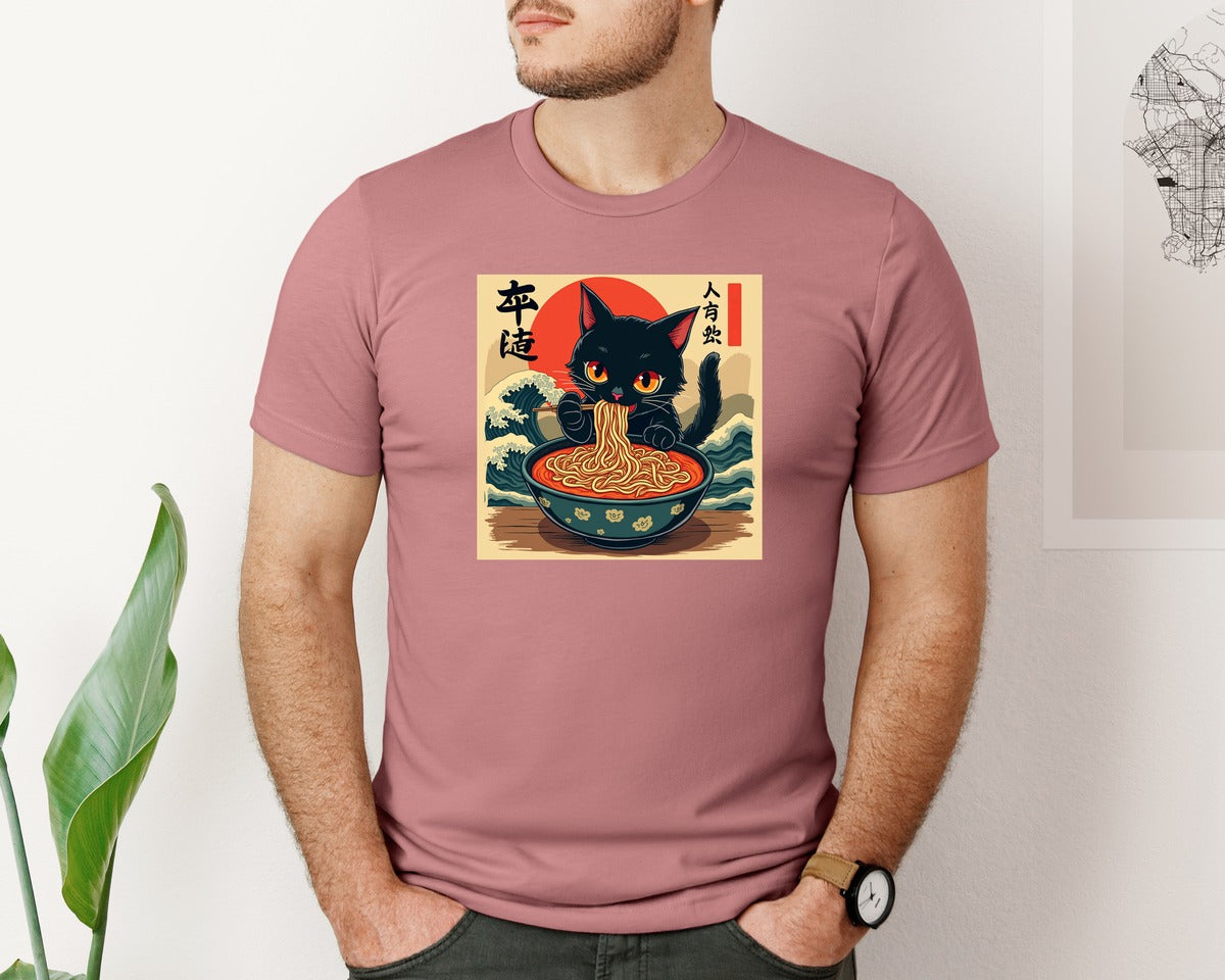 brand:Bella Canvas|color:Heather Mauve|Cat Ramen Japanese Funny T Shirt Graphic T-Shirt