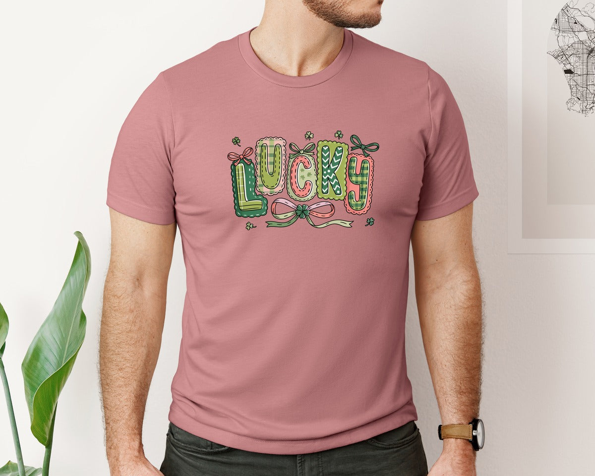 brand:Bella Canvas|color:Heather Mauve|Lucky Shamrock Blessed Vibes 17 Graphic T-Shirt