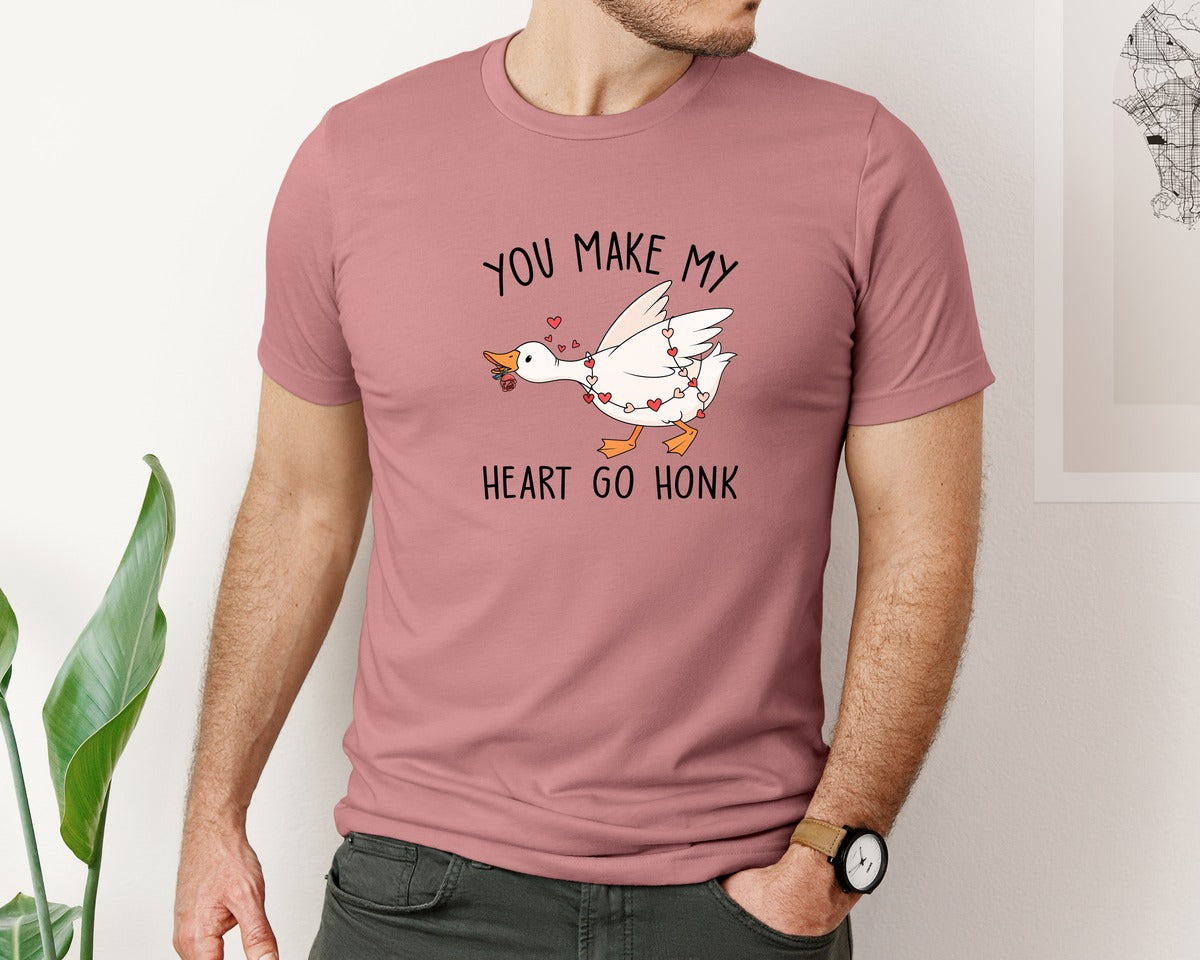 brand:Bella Canvas|color:Heather Mauve|You Make My Heart Go Honk Goose 2 Graphic T-Shirt