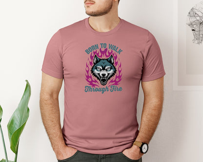 brand:Bella Canvas|color:Heather Mauve|Born To Walk Through Fire Wolf Graphic T-Shirt