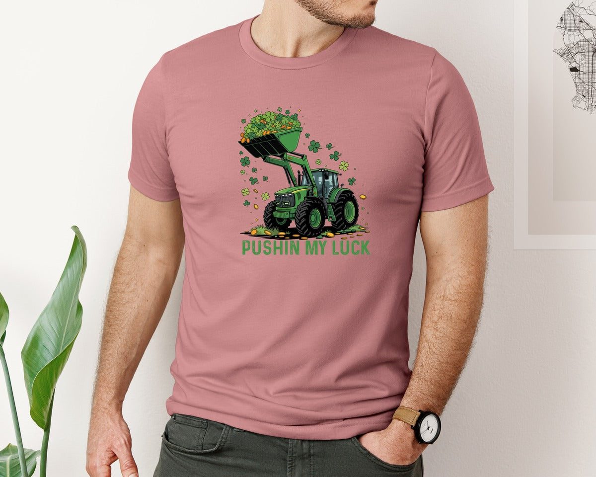 brand:Bella Canvas|color:Heather Mauve|Pushin My Luck St Patricks Tractor Graphic T-Shirt