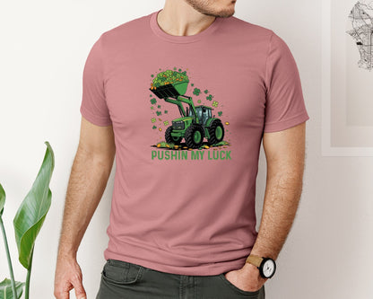 brand:Bella Canvas|color:Heather Mauve|Pushin My Luck St Patricks Tractor Graphic T-Shirt