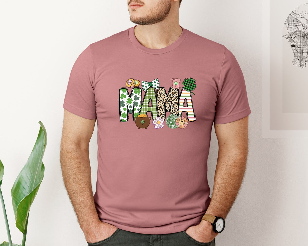 brand:Bella Canvas|color:Heather Mauve|Mama St Patricks Day Lettered Doodle Graphic T-Shirt