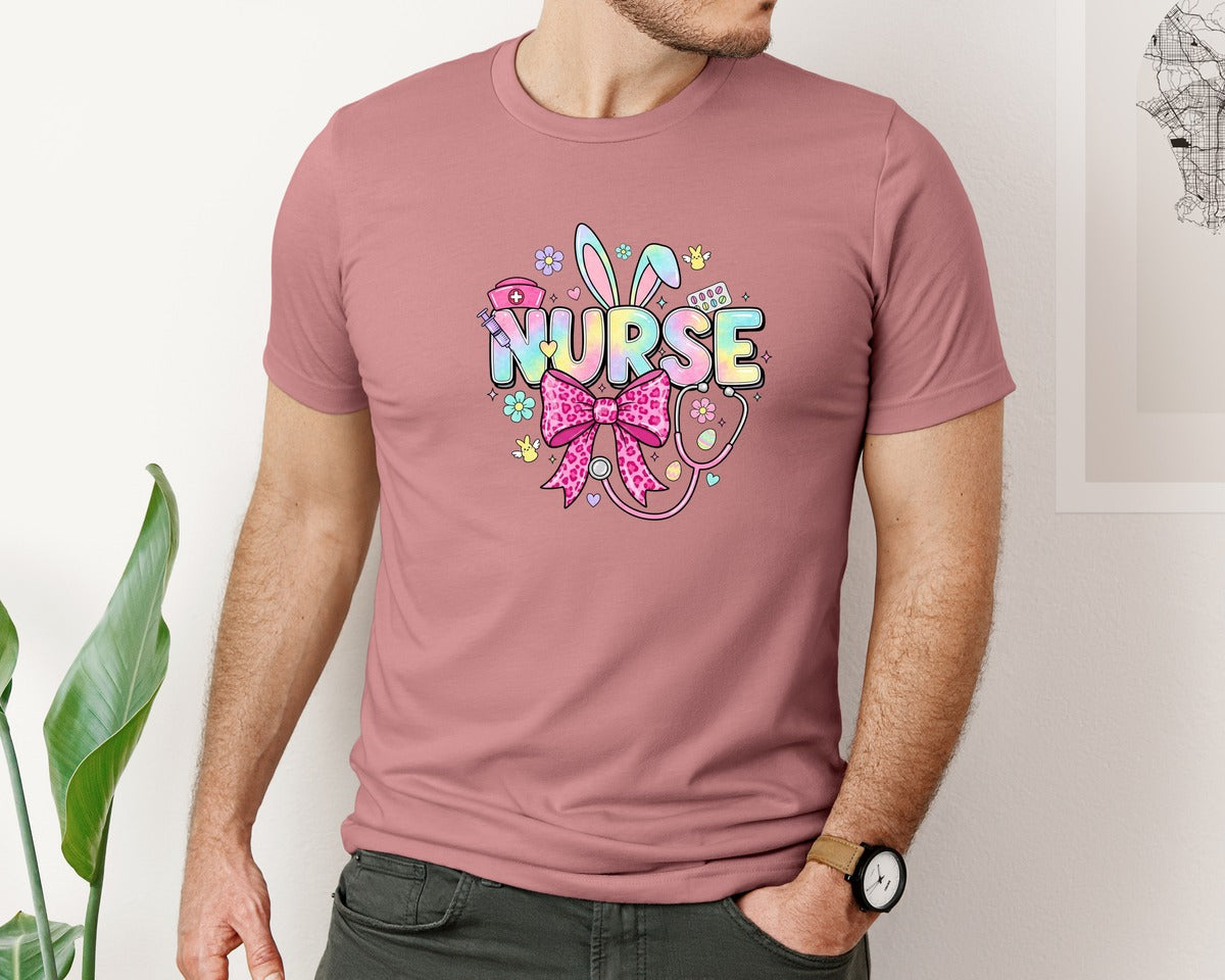 brand:Bella Canvas|color:Heather Mauve|Easter Nurse Coquette 2 Graphic T-Shirt
