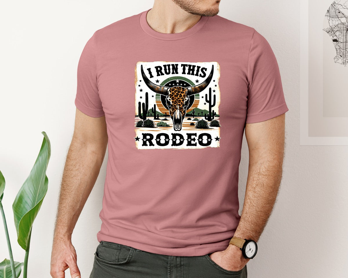 brand:Bella Canvas|color:Heather Mauve|Leopard Print Longhorn Skull Rodeo Graphic T-Shirt