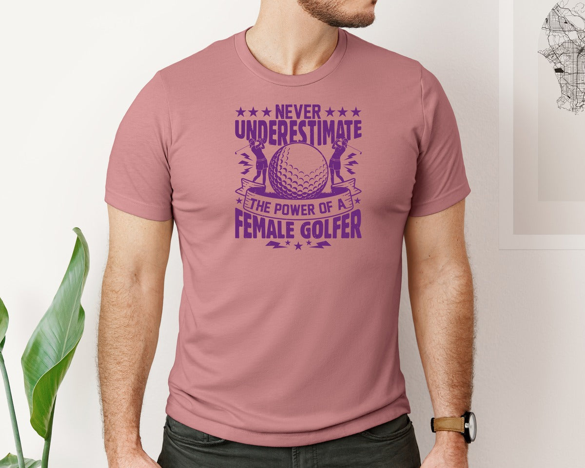 brand:Bella Canvas|color:Heather Mauve|Female Golfer Golf Club T Shirt Design Graphic T-Shirt