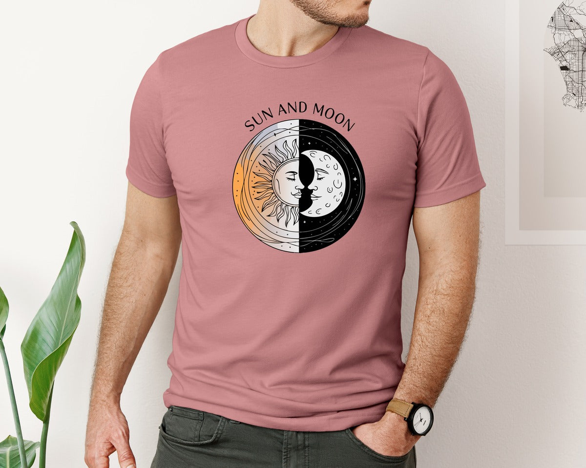brand:Bella Canvas|color:Heather Mauve|Sun And Moon Cosmic Love Design Graphic T-Shirt